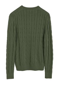 Grön kabelstickad tröja med långa ärmar, ribbade manschetter och nederkant, med ett strukturerat mönster och en rundad halsringning baktill.