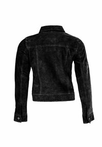 Juodas zomšos odos švarkas su aptemptu siluetu, aštriomis apykaklės kampučiais, ilgomis rankovėmis ir spaustukais užsegamais rankogalais. Yra dvi siūlės ant nugaros ir tvarkingas apdailos dizainas.