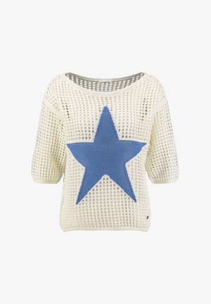 Weißer kurzärmeliger Strickpullover mit offenem Maschenmuster und einem großen blauen Sternmuster auf der Vorderseite.