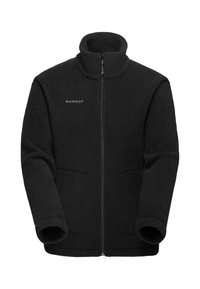 Giacca in pile nera con colletto alto, full zip, due tasche frontali e logo in rilievo sul lato sinistro del petto. Tessuto morbido e texturizzato.