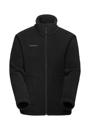 Schwarze Fleecejacke mit hohem Kragen, vollem Reißverschluss, zwei Fronttaschen und geprägt auf der linken Brust. Weicher, strukturierter Stoff.