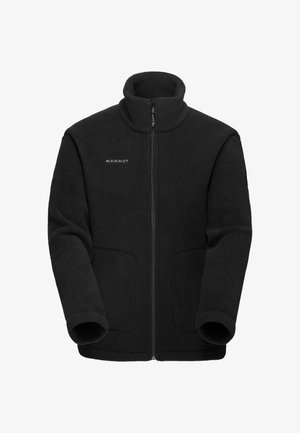 Giacca in pile nera con colletto alto, full zip, due tasche frontali e logo in rilievo sul lato sinistro del petto. Tessuto morbido e texturizzato.