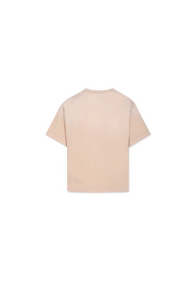 Korte mouwen, relaxte fit t-shirt van lichtbeige katoen. Heeft een ronde hals en een gladde textuur zonder zichtbare logo's of ontwerpen.