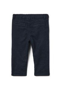 Dunkelblaue Hosen aus strukturierter Stoff, mit geradem Schnitt, Taillenbund mit Gürtelschlaufen und zwei Gesäßtaschen.