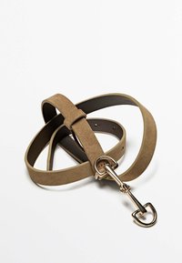 Cintura in suede tan con un lato interno liscio, dotata di una fibbia e puntale in metallo dorato, che mette in risalto un design minimalista.
