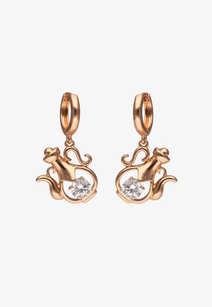 Rosaguld hoops øreringe med intrikate teapot-formede charms, der har en rund klar ædelsten i midten af hver teapot.