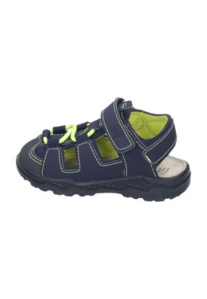 Navy blue children's sandal with green accents, made of synthetic material; open design, adjustable Velcro straps, and durable rubber sole.
