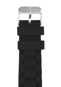 Schwarzes Gummi-Uhrenarmband mit strukturiertem Finish und Edelstahl-Schließe, mit einem auf der Seite der Schließe gravierten Logo.