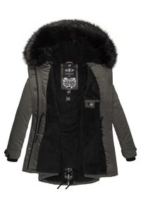 Parka-jack in donkergroen met een afneembare zwarte nepbontkap, pluche zwarte voering, zijzakken en een trekkoord onderaan.