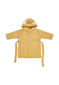 Accappatoio giallo in spugna con cappuccio. Presenta un design con faccina sorridente, chiusura a bottoni, cintura annodata e una texture morbida.