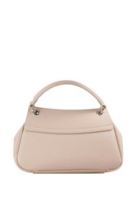 Borsa a tracolla in pelle beige con una forma strutturata, manico superiore arrotondato e accessori in argento. Presenta una superficie liscia e una tasca frontale singola.