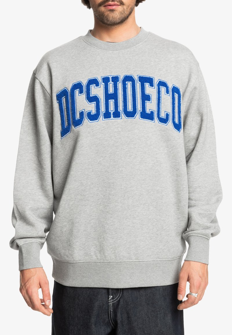 Sudadera gris de manga larga, con llamativo lettering azul "DCSHOECO" en el pecho. Fabricada en un material suave con puños y bajo acanalados.