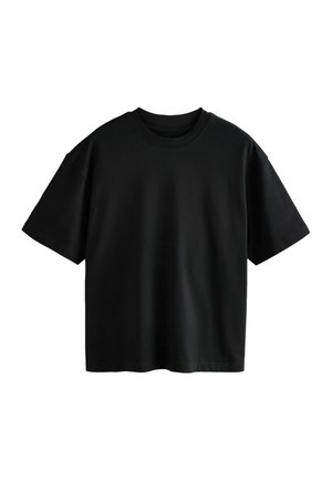 Zwarte t-shirt met korte mouwen in een relaxte pasvorm, gemaakt van gladde katoenstof, met een klassieke ronde halslijn en een schoon, eenvoudig ontwerp.