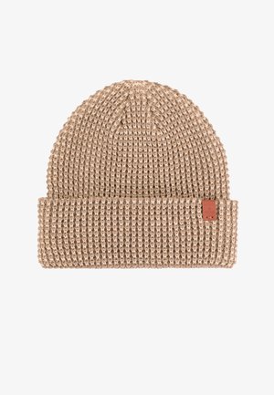 Gebreide muts in lichtbeige wol, met een textuurpatroon en een platte manchet. Inclusief een klein bruin leren label aan de zijkant.