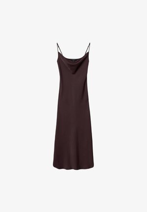 Brown slip dress with thin spaghetti straps. Smooth, lightweight fabric with a soft drape, featuring a subtle cowl neckline and A-line shape.