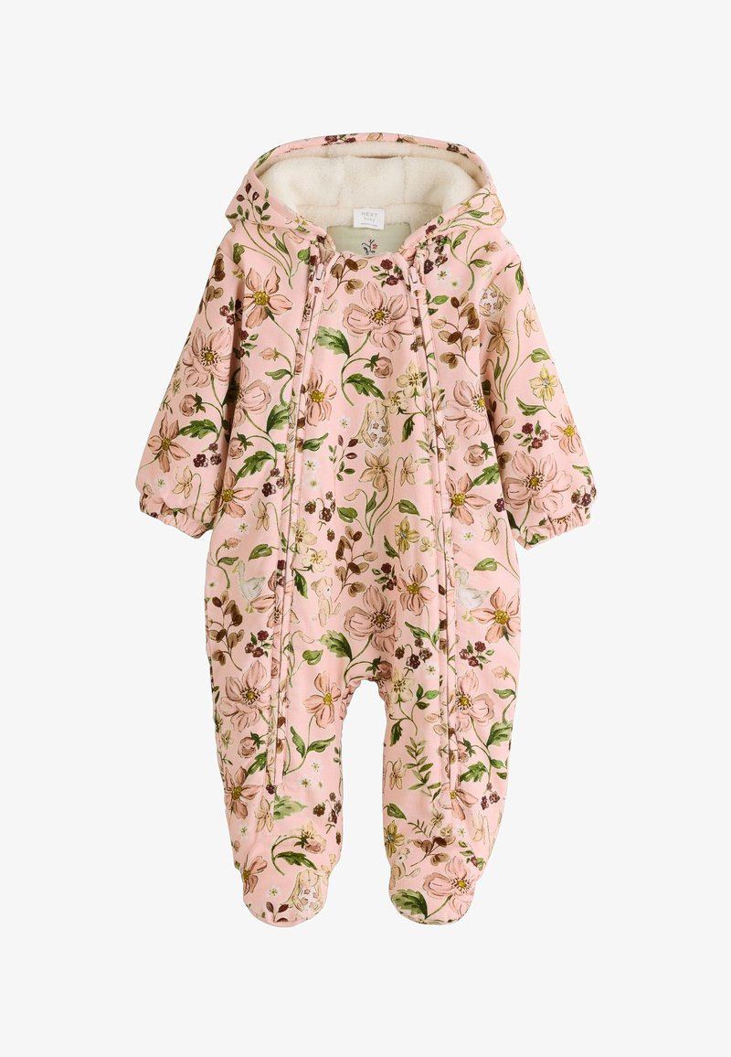 Floral-patterned pink onesie jumpsuit with soft interior lining, long sleeves, and a hood. Features front zipper and elastic cuffs.