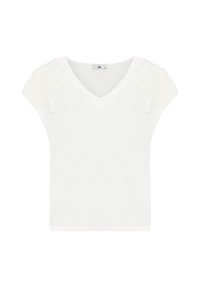 Weißes V-Ausschnitt-T-Shirt mit kurzen Kappenärmeln, das über ein strukturiertes floralem Detail auf der linken Schulter verfügt. Weicher Baumwollstoff, lockere Passform.