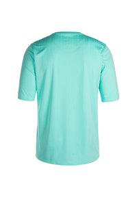 Helles Teal-Hemd mit kurzen Ärmeln aus glattem Material, mit Rundhalsausschnitt und vertikalen Strukturlinien auf dem Rücken.