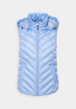 Vaaleansininen, hihaton untuvaliivi, jossa on korkea kaulus, viisto vaakaviivamäinen ommelkuvio, etuvetoketju ja sivutaskut. Silkkinen pinta.