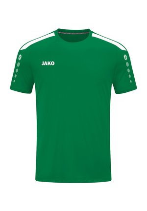 Groene sportshirt gemaakt van ademend materiaal, met witte schouderstrepen en ronde accenten op de mouwen. Logo aan de voorkant weergegeven.
