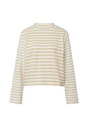 Long-sleeve beige and white horizontally striped shirt with a crew neck and relaxed fit.