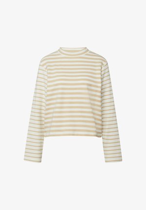 Long-sleeve beige and white horizontally striped shirt with a crew neck and relaxed fit.