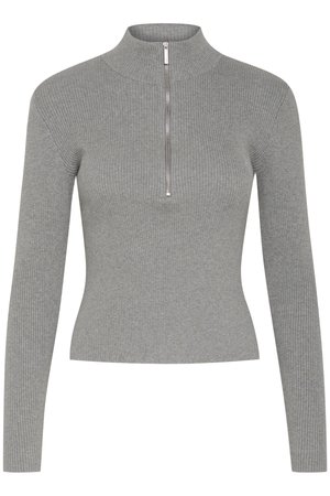 Grijze geribbelde top met lange mouwen en een opstaande kraag met een halve rits aan de voorkant. Heeft een getailleerd ontwerp met een gestructureerde stof.