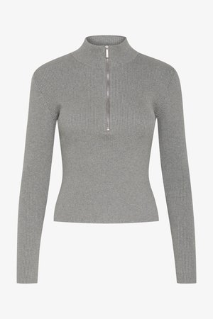 Grau geripptes Langarmoberteil mit einem Stehkragen und einem Halbzipper vorne. Verfügt über ein tailliertes Design mit einem strukturierten Stoff.