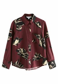Cămașă cu mânecă lungă de culoare burgundă, cu un model floral în nuanțe de negru și crem, având un guler cu nasturi și un buzunar pe piept. Țesătură netedă și ușoară.