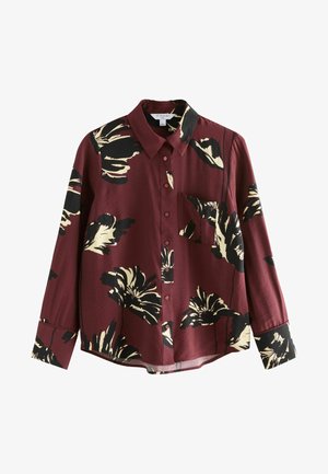 Ilga rankovė burgundiška marškinė su juodais ir kreminiais gėlių raštais, su sagčių apykakle ir krūtinės kišene. Lygus, lengvas audinys.