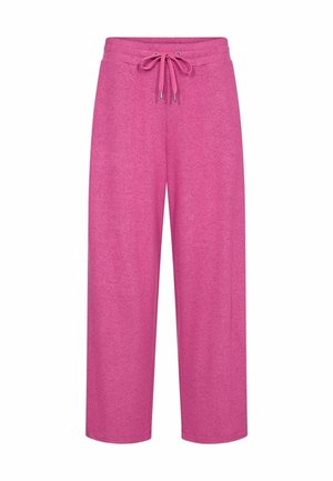 Roze, wijde broekspijpen van zachte, gestructureerde stof. Voorzien van een elastische tailleband met trekkoord voor een verstelbare pasvorm.