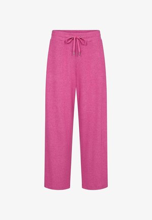 Ružové široké nohavice vyrobené z mäkkej, štruktúrovanej tkaniny. Majú elastický pás s šnúrkou na nastaviteľné upevnenie.