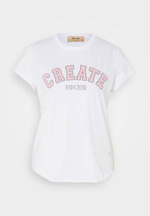 Weißes Baumwoll-T-Shirt mit kurzen Ärmeln, runden Ausschnitt und großem, pink umrandetem "CREATE"-Text mit "MIVI 2010" darunter.