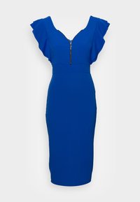 Vestido azul ajustado com mangas curtas em babados, decote em V profundo e fecho frontal com zíper. Feito de tecido suave, na altura do joelho, com uma silhueta elegante.