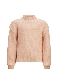 Maglione lavorato a maglia color pesca chiaro con un alto collo, texture a coste, spalle scese e maniche lunghe. Vestibilità rilassata, tessuto morbido.