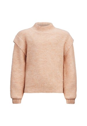 Maglione lavorato a maglia color pesca chiaro con un alto collo, texture a coste, spalle scese e maniche lunghe. Vestibilità rilassata, tessuto morbido.