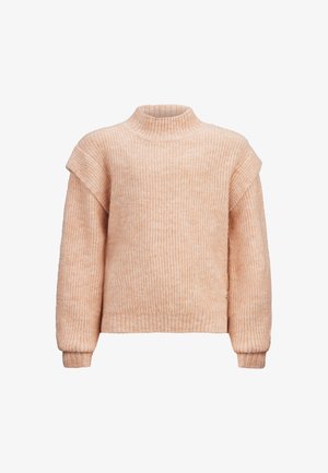 Licht perzikkleurige gebreide trui met een hoge kraag, geribbelde structuur, verlaagde schouders en lange mouwen. Losse pasvorm, zachte stof.