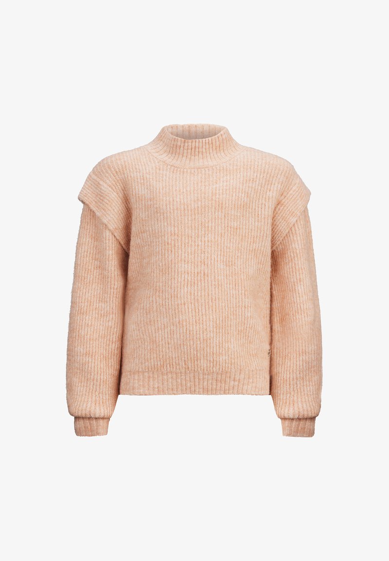 Maglione lavorato a maglia color pesca chiaro con un alto collo, texture a coste, spalle scese e maniche lunghe. Vestibilità rilassata, tessuto morbido.