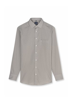 Camicia a maniche lunghe con bottoni, piccolo motivo geometrico scuro su sfondo chiaro e colletto classico.