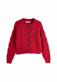 Rode gebreide cardigan met een gestructureerd kabelpatroon, een ronde hals en vijf bruine knopen aan de voorkant; cropped lengte met geribbelde zoom.