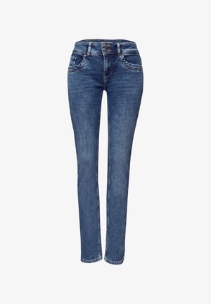 Dżinsy denimowe w średnim odcieniu niebieskiego, o prostym kroju i średnim stanie. Wyposażone w przednie kieszenie, subtelne przeszycia oraz rozpięcie na zamek błyskawiczny z zapięciem na guzik.