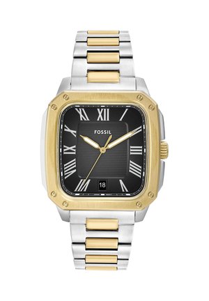 Montre-bracelet carrée Fossil en métal argenté et doré avec cadran noir, chiffres romains dorés, guichet date et bracelet à maillons.