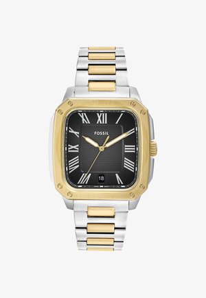 Montre-bracelet carrée Fossil en métal argenté et doré avec cadran noir, chiffres romains dorés, guichet date et bracelet à maillons.