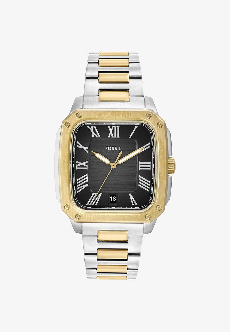 Montre-bracelet carrée Fossil en métal argenté et doré avec cadran noir, chiffres romains dorés, guichet date et bracelet à maillons.