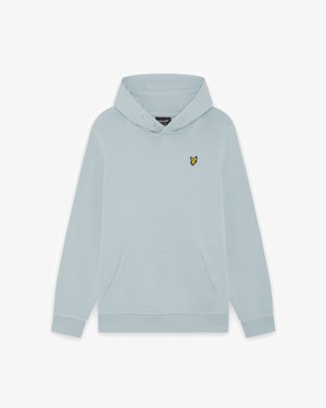 Φωτεινό γαλάζιο φούτερ με κουκούλα, μπροστινή τσέπη και μικρό κίτρινο λογότυπο πουλιού στο αριστερό μέρος του στήθους.