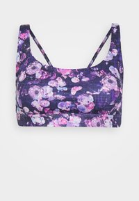 Sutiã desportivo floral com um fundo roxo e flores cor-de-rosa e azuis, alças finas e um design ajustado. Tecido macio e elástico.