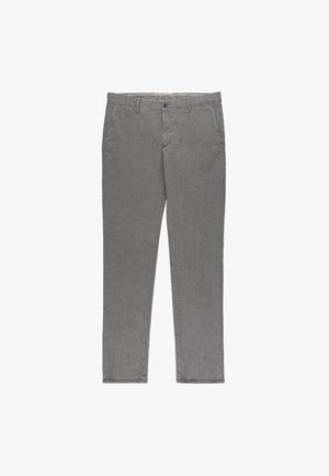 Graue Baumwoll-Chambray-Hosen mit geraden Beinen, Eingrifftaschen und einem Reißverschluss. Sie verfügen über eine subtile Textur und ein klassisches Design.