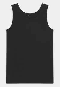 Czarny top bez rękawów wykonany z gładkiej bawełny. Posiada okrągły dekolt i szerokie wycięcia na ramionach. Minimalistyczny design bez wzorów czy dodatków.