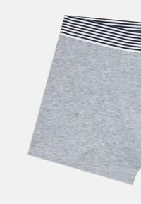 Grå bomullsboxershorts med en svart og hvit stripete elastisk midjebånd, vist flatt mot en hvit bakgrunn.