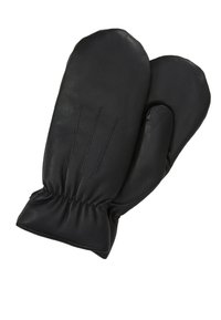 Mânuși din piele neagră cu încheieturi strânse, având trei linii decorative de cusătură pe spate. Suprafață netedă, fără textură.